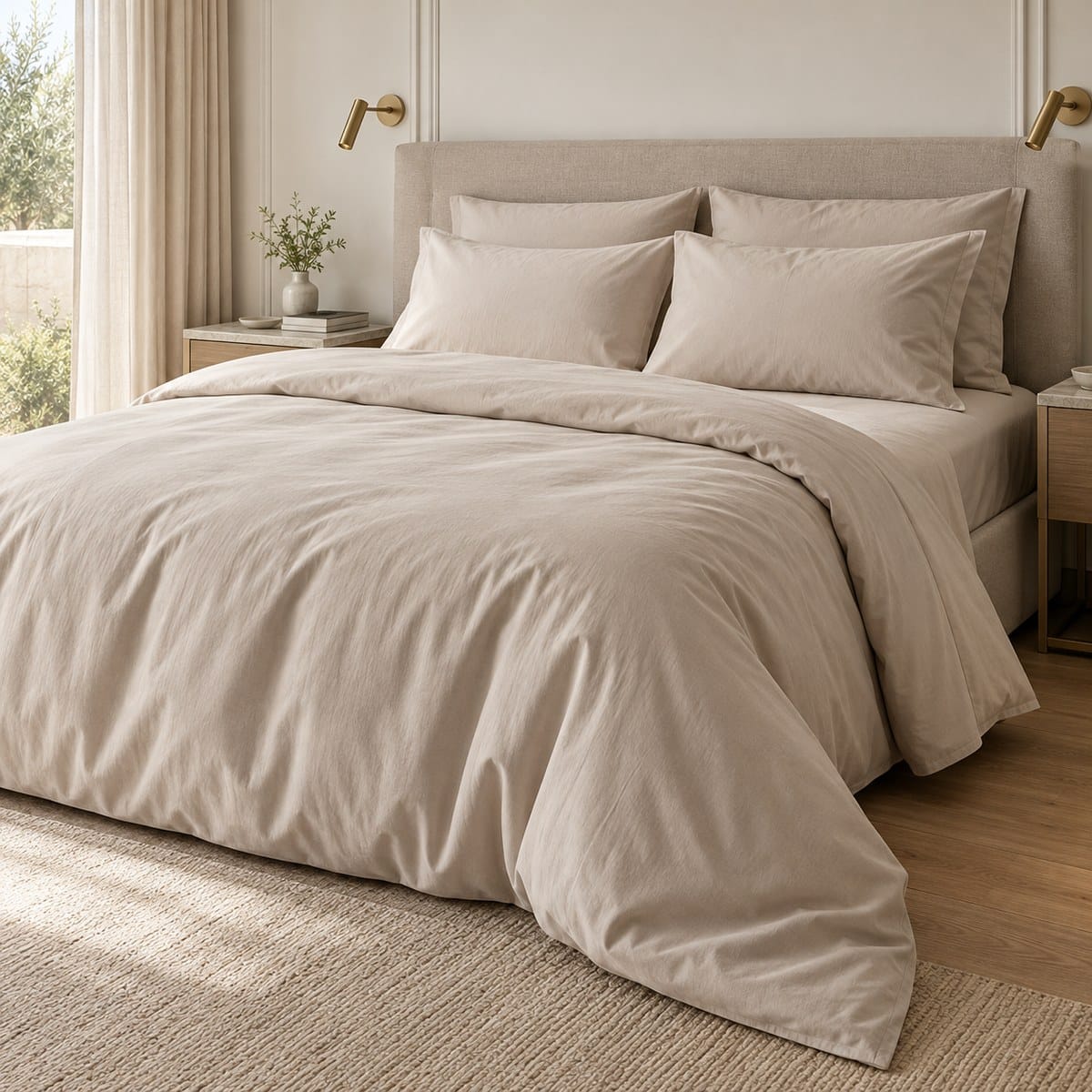 Cama de hotel con sábanas, funda nórdica y fundas de almohada lisas en beige topo claro