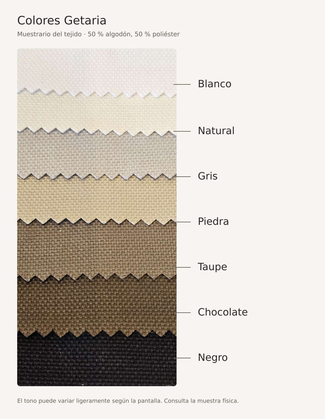 Carta de colores Getaria Muestrario Getaria: blanco, natural, gris, piedra, taupe, chocolate y negro