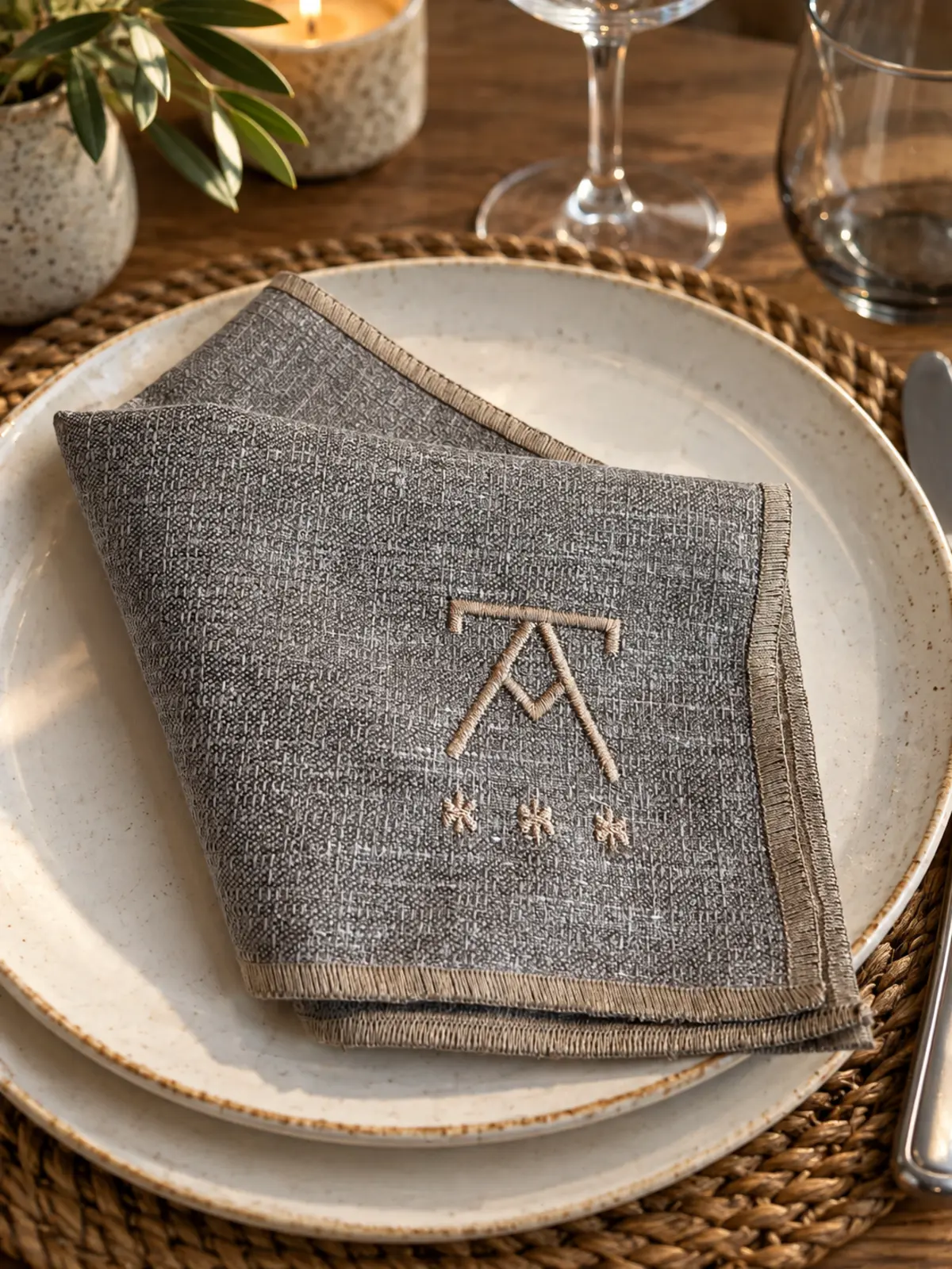 Servilleta de lino gris con repulgo beige y logo bordado