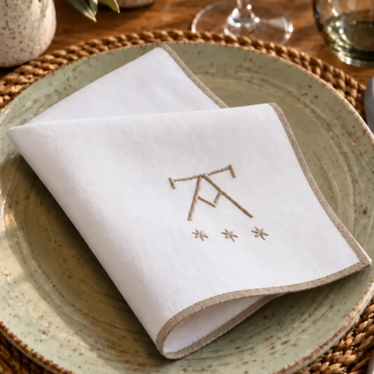 Servilleta de lino blanca con repulgo beige y logo bordado