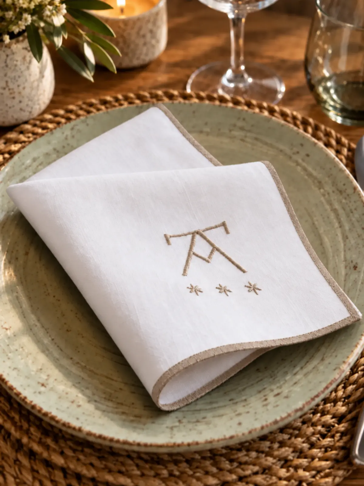 Servilleta de lino con repulgo beige y logo bordado Servilleta de lino blanca con repulgo beige y logo bordado