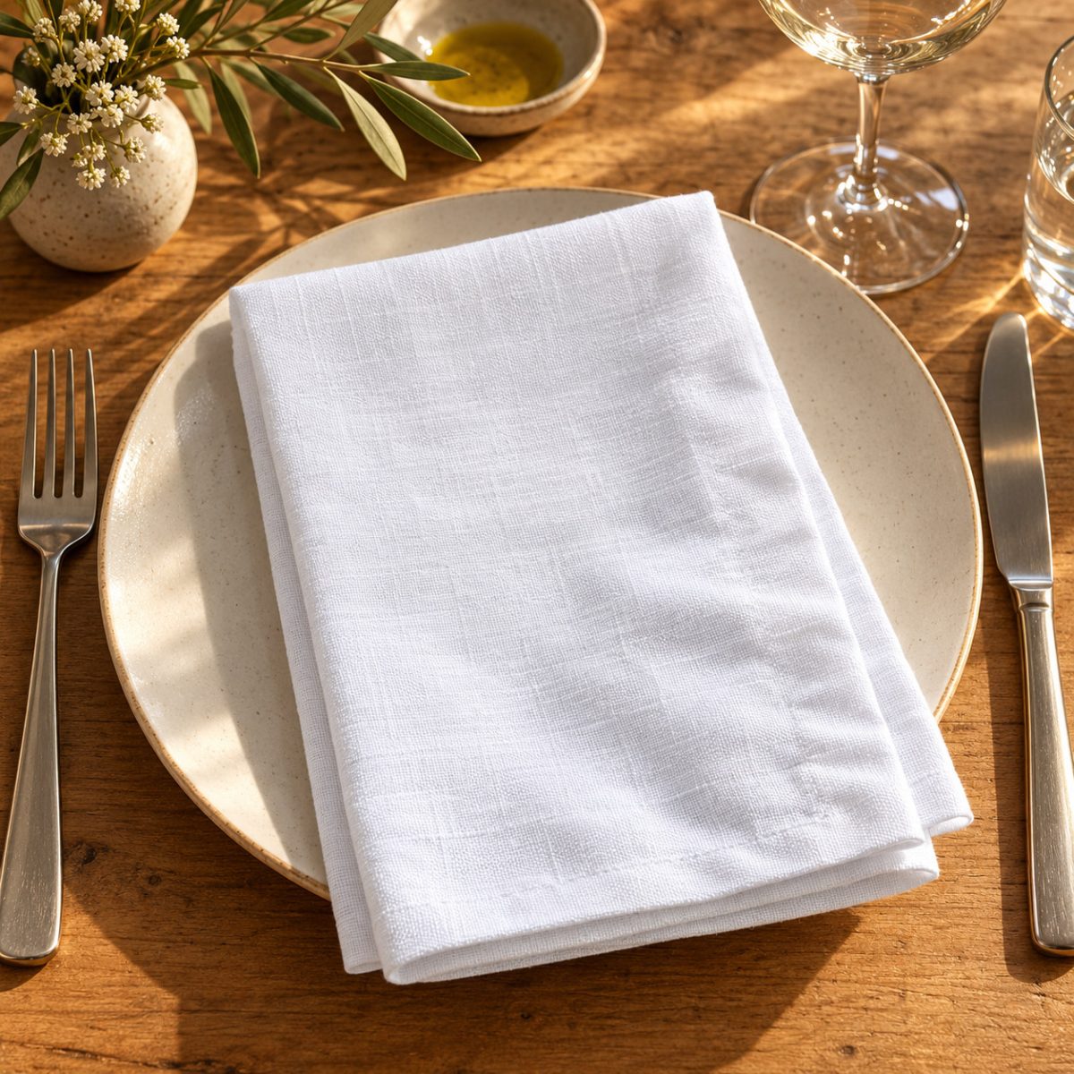 Servilleta Zarautz blanca sobre mesa de restaurante