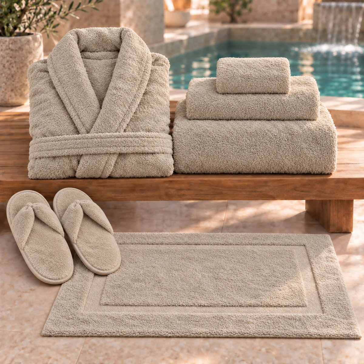 Set para spa caliza con albornoz, toallas, alfombra de baño y zapatillas