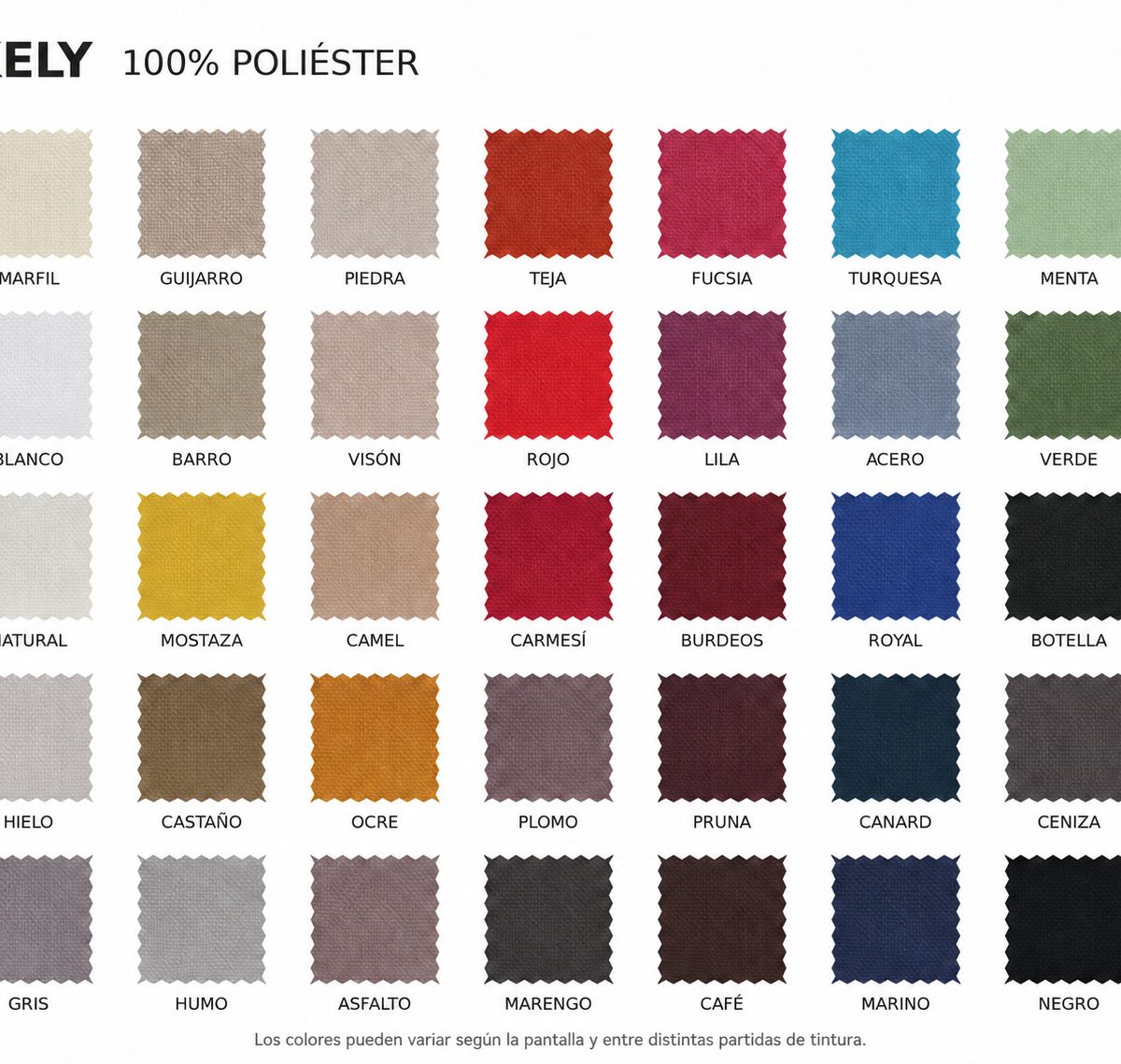 Carta de 35 colores del tejido Kely 100% poliéster
