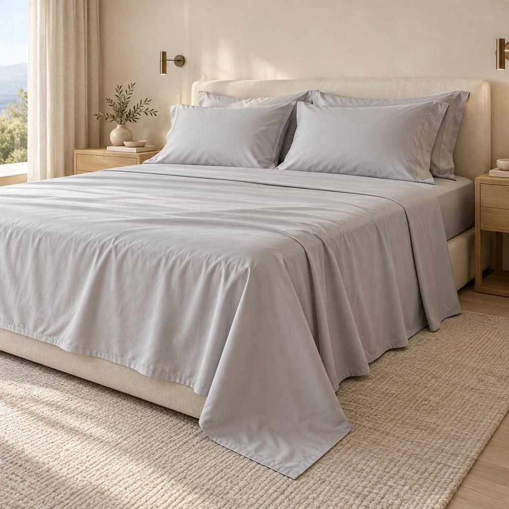 Cama de hotel con sábanas lisas y fundas de almohada en gris perla