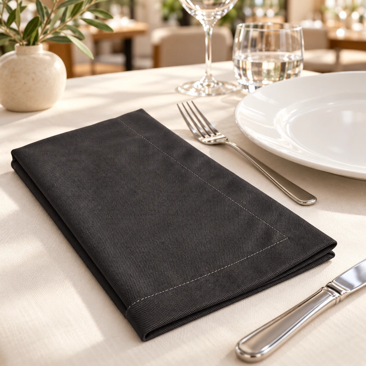 Servilleta Kely de poliéster en color marengo con dobladillo cosido sobre una mesa de restaurante